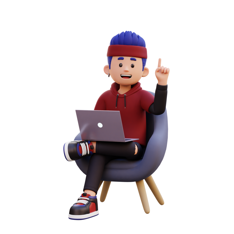 3d male character get an idea while sitting on a sofa and working on a laptop png
