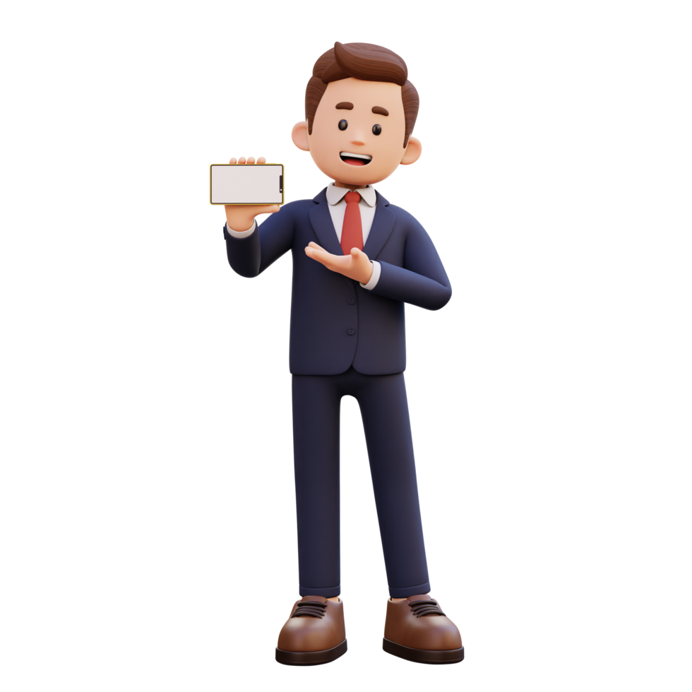 3d male character holding and presenting to a smart phone with empty screen in landscape png