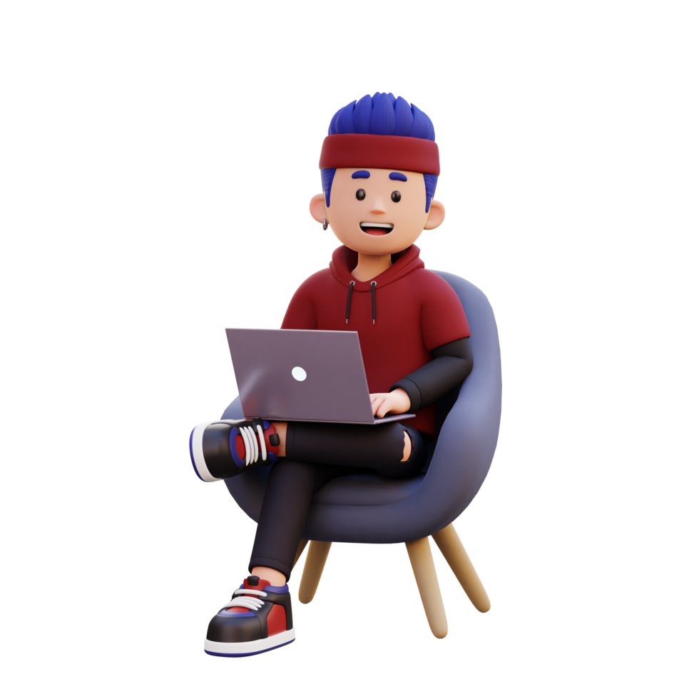 3d male character sitting on a sofa and working on a laptop png