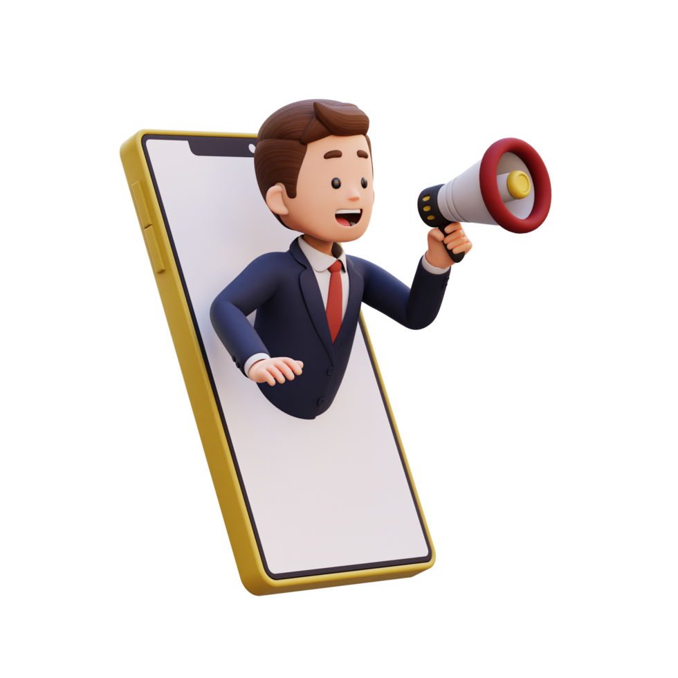 3d male character jumping out from smart phone screen and holding a megaphone png