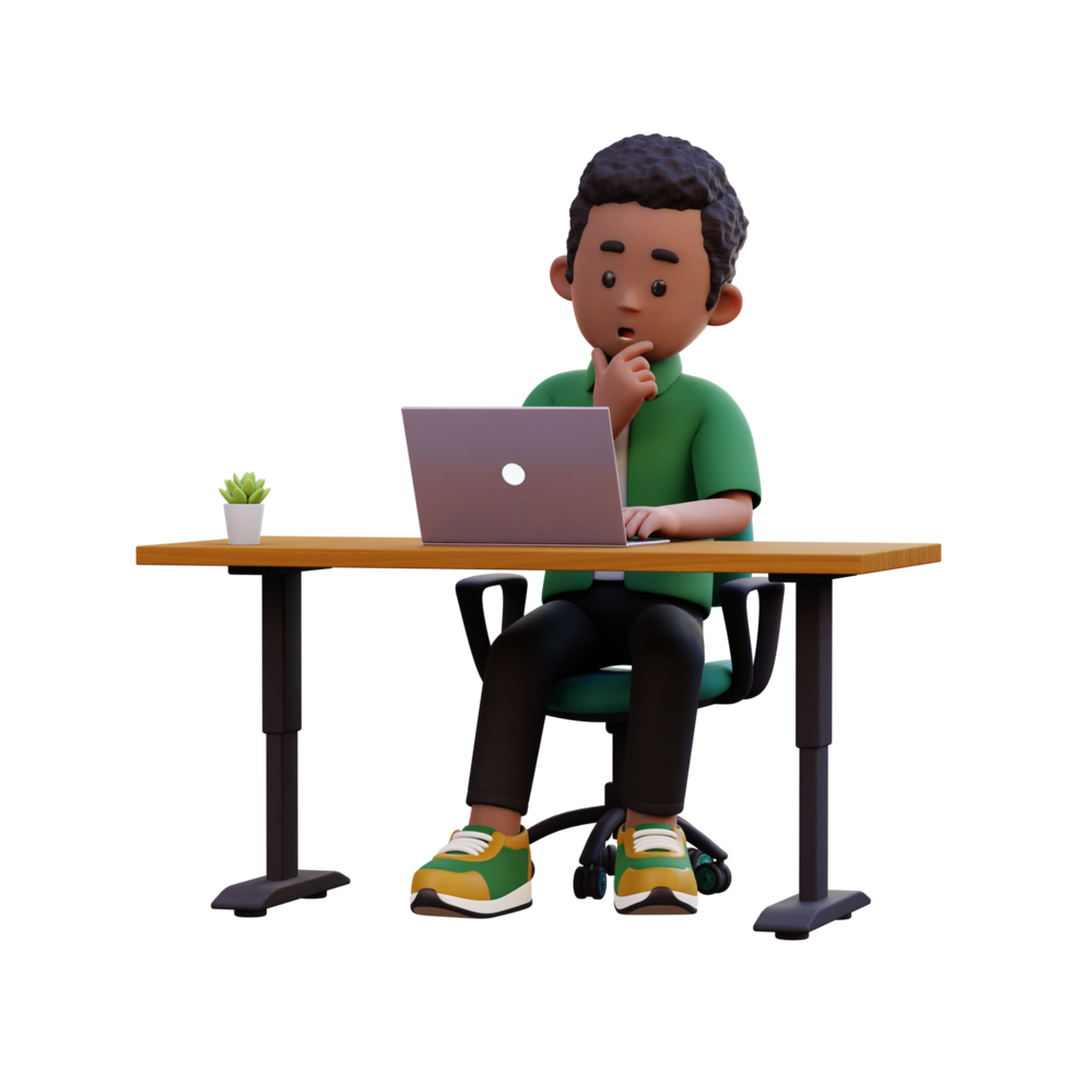 3d male character thinking and working on a laptop png
