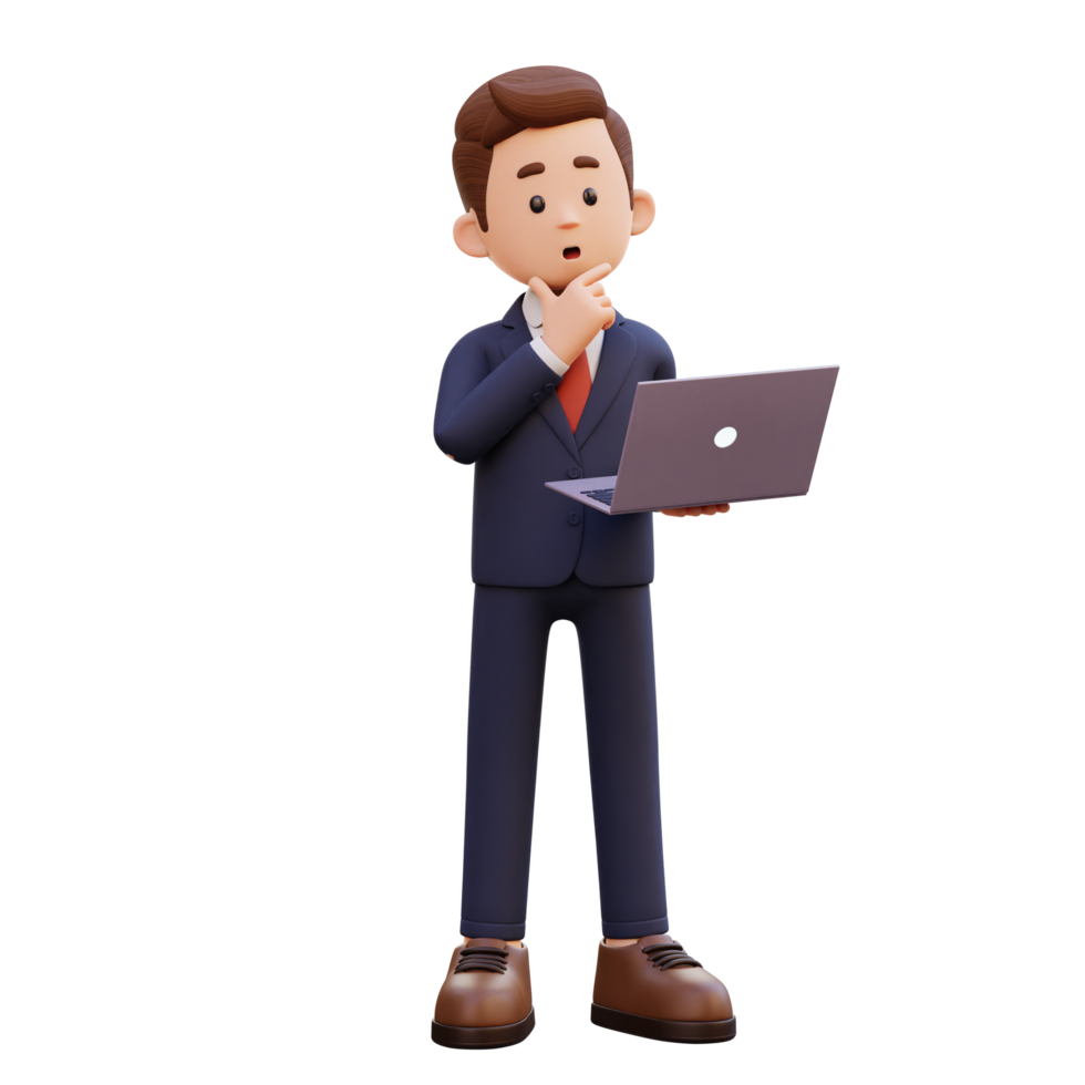 3d male character thinking and working on a laptop png