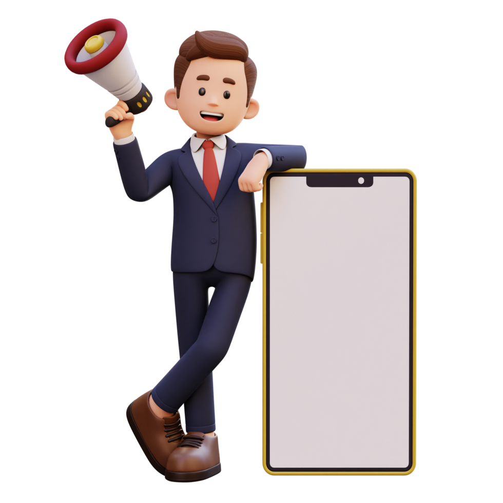 3d male character holding megaphone and laying on a big smart phone with empty screen png