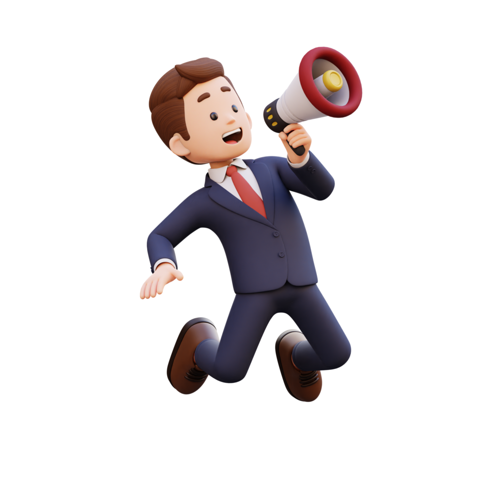 3d male character jumping and holding a megaphone png