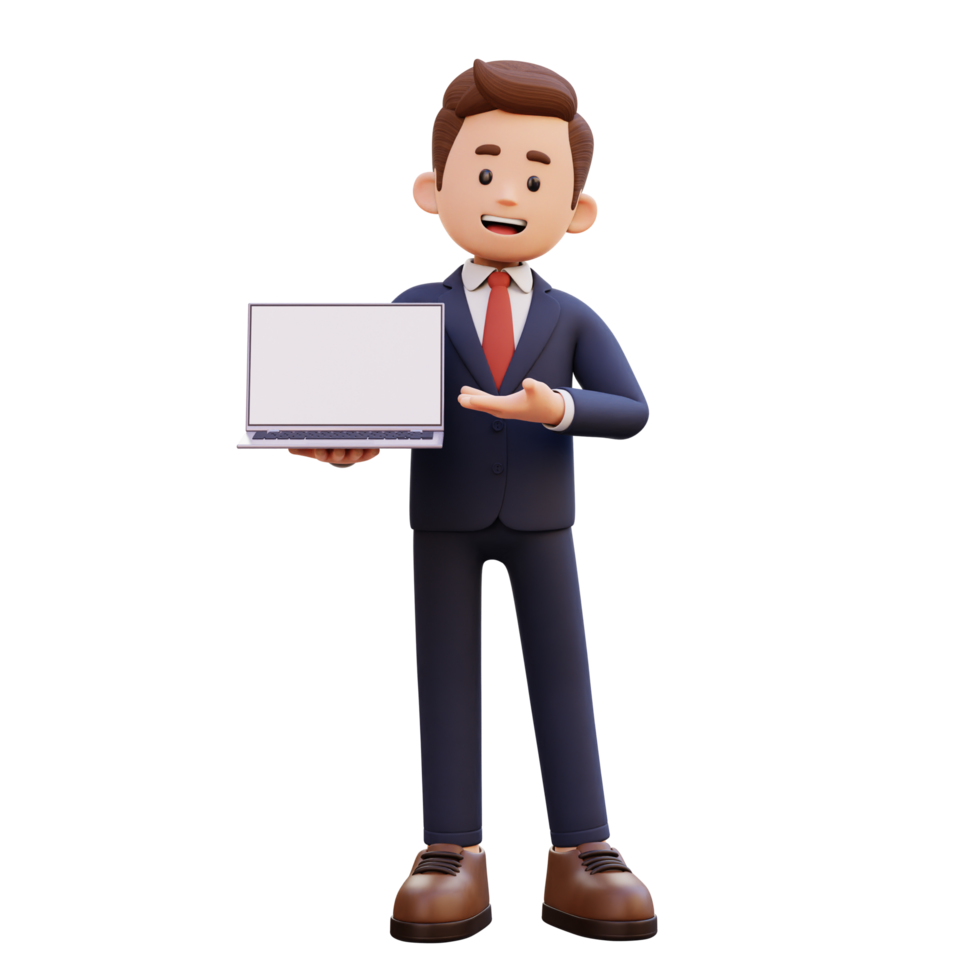 3d male character holding and presenting to a laptop with empty screen png