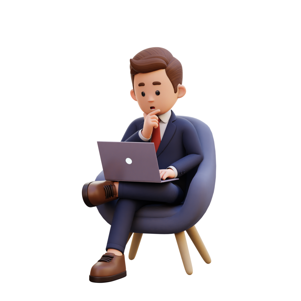 3d male character sitting on a sofa and working on a laptop with thinking pose png