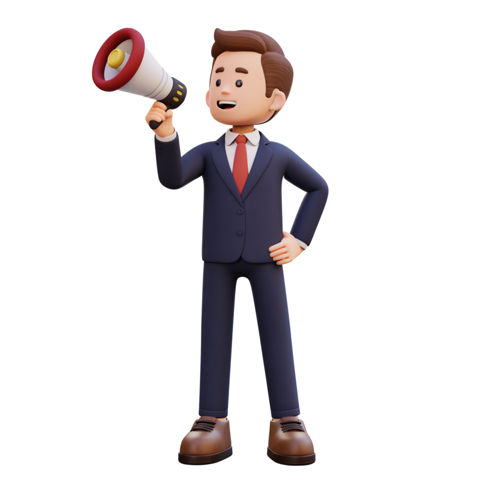 3d male character give announcement use megaphone png