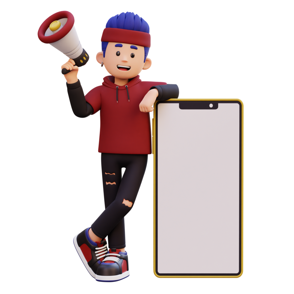 3d male character holding megaphone and laying on a big smart phone with empty screen png