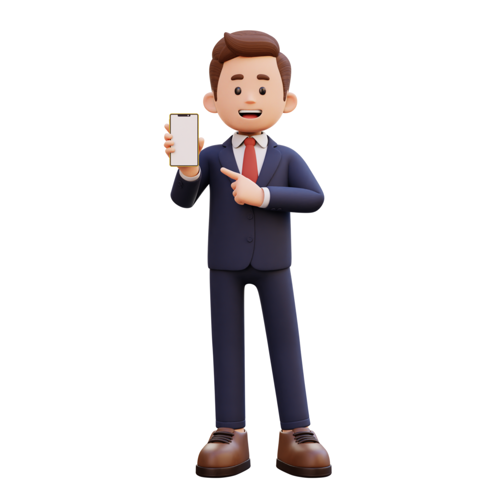 3d male character holding and pointing to a smart phone with empty screen png