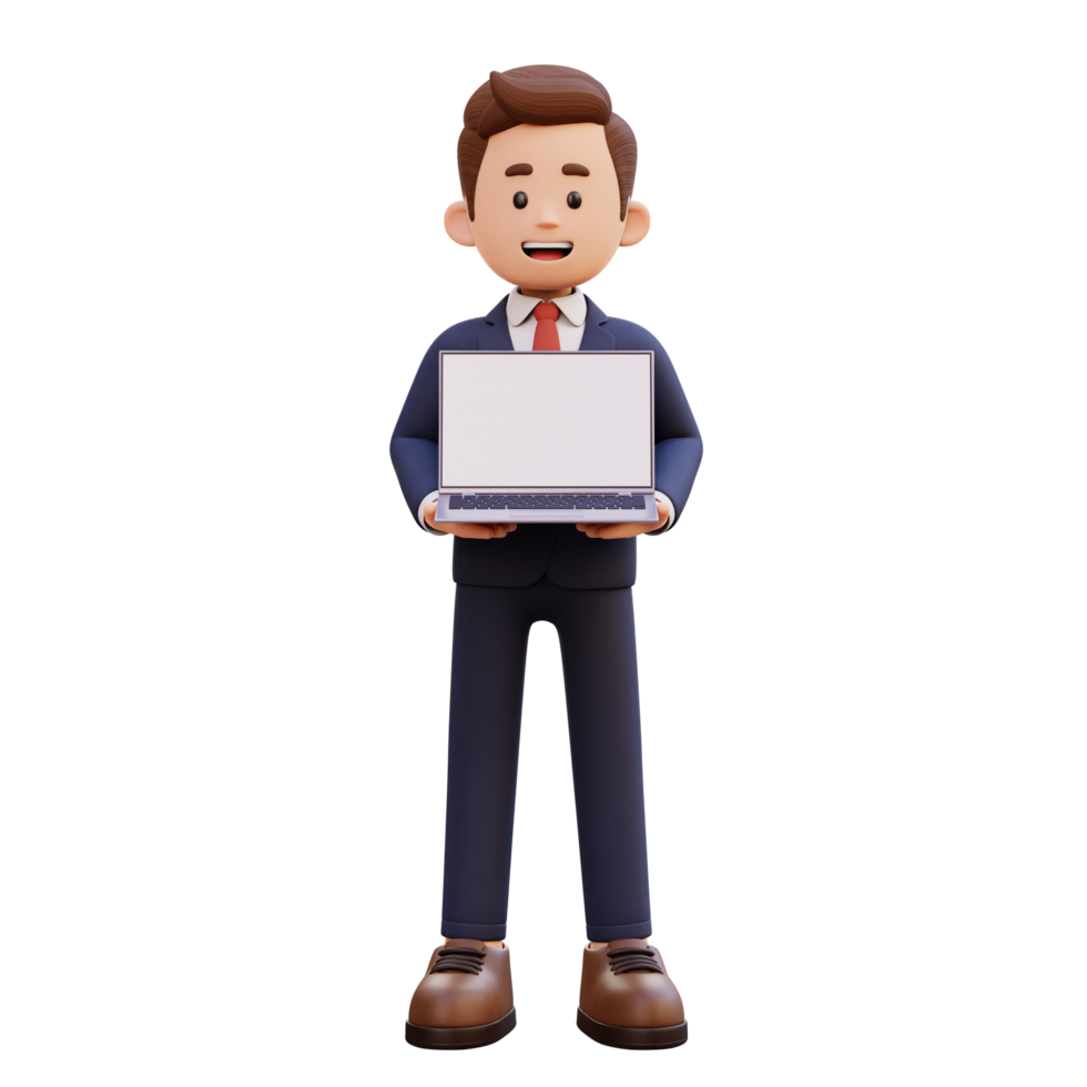 3d male character holding and presenting a laptop with empty screen png