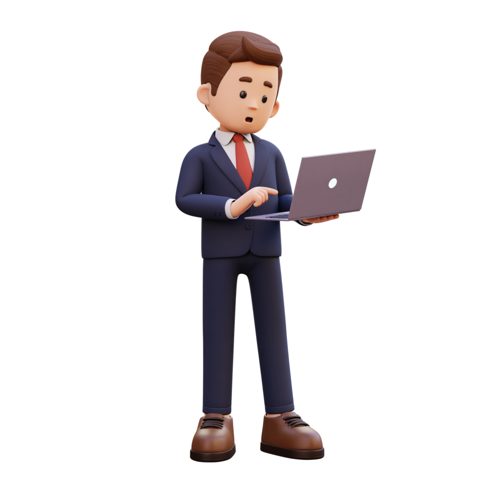 3d male character standing confused working on a laptop png