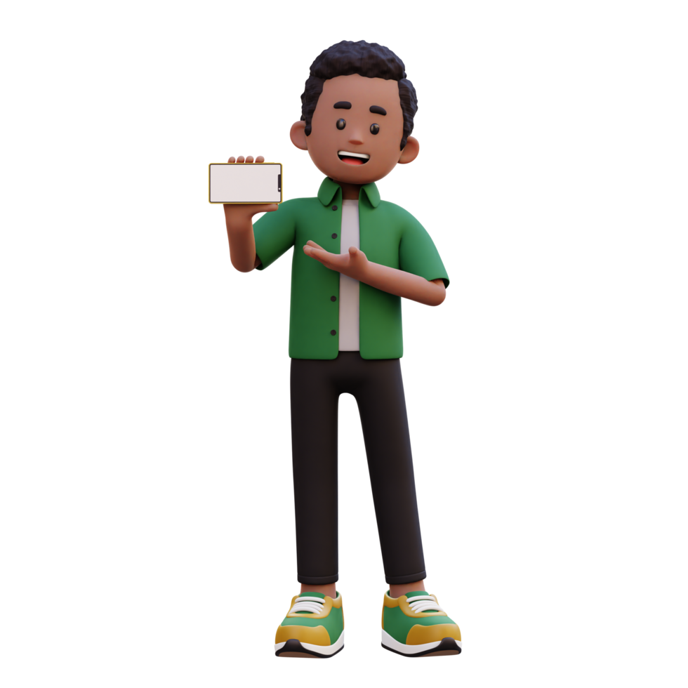 3d male character holding and presenting to a smart phone with empty screen in landscape png