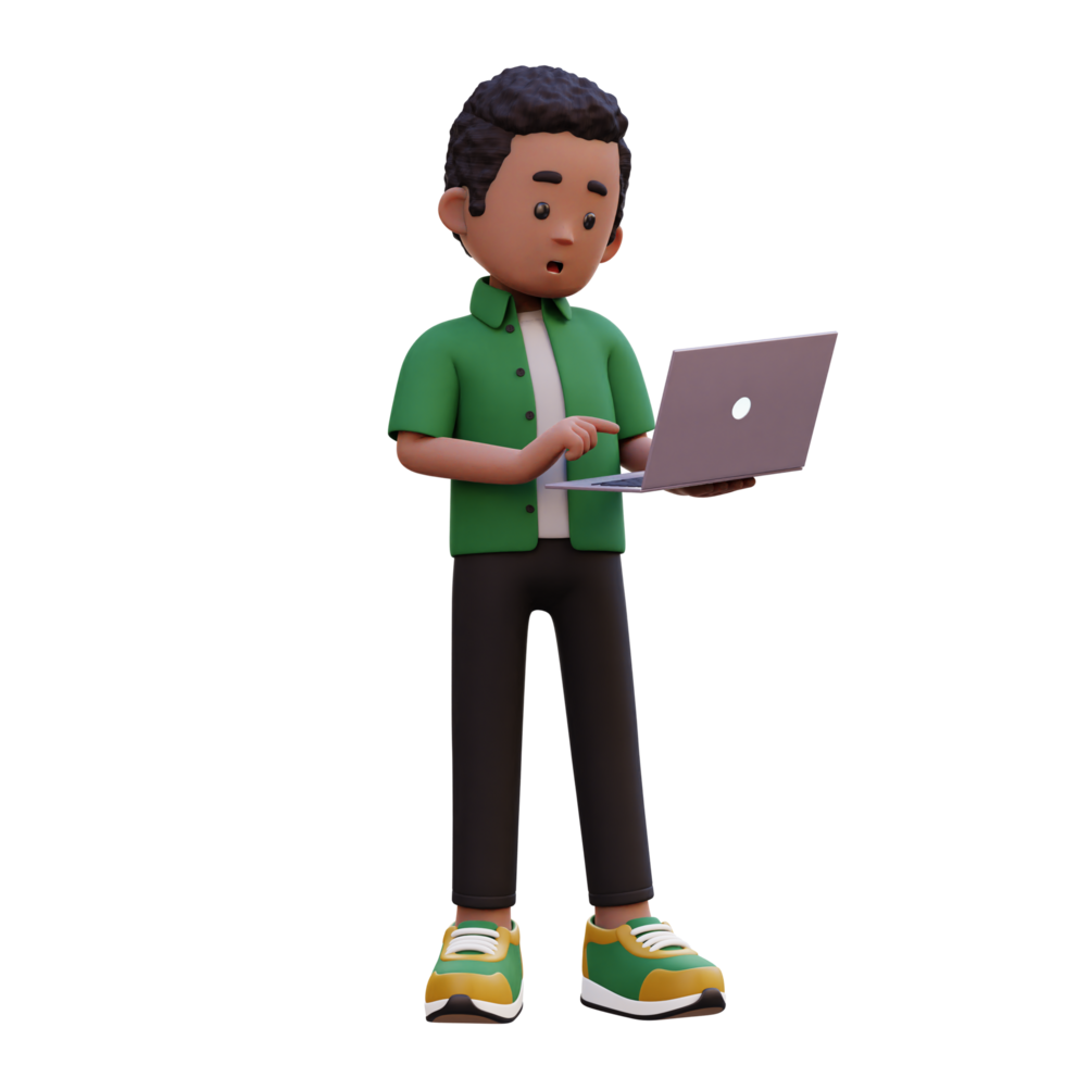 3d male character standing confused working on a laptop png