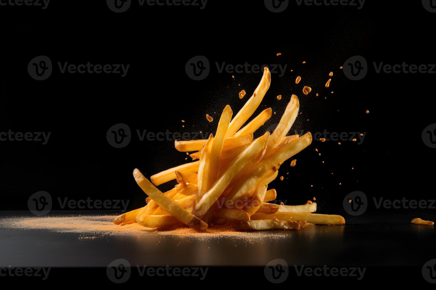 Freeze motion shot of falling french fries with salt powder on wooden table, generated photo