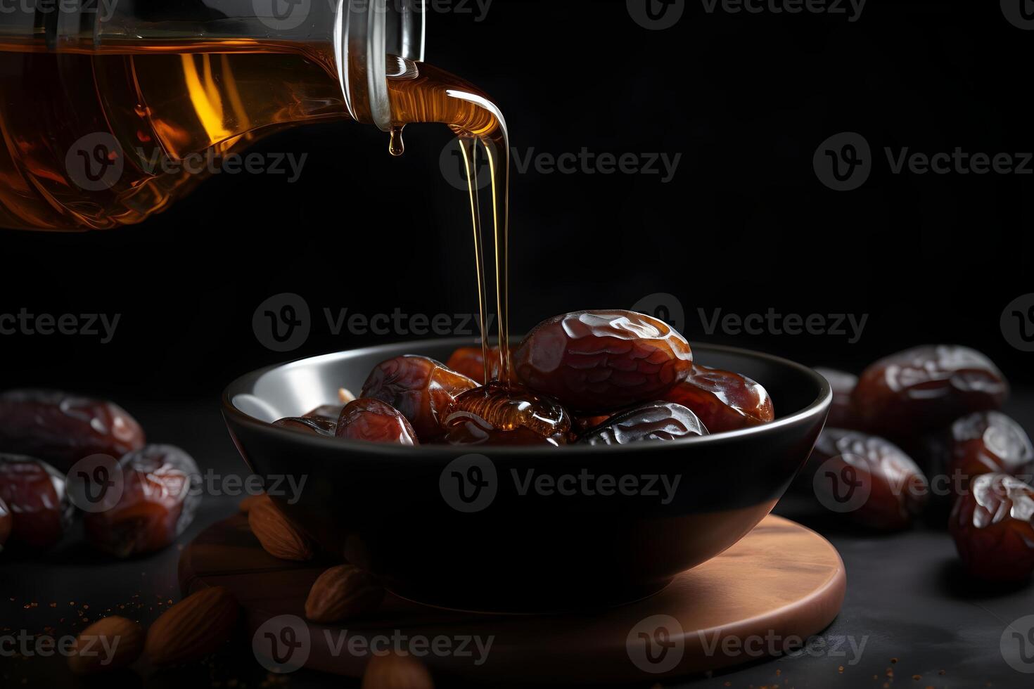 honey poured from jar to fresh dates in bowl, decorated with almond, generated photo