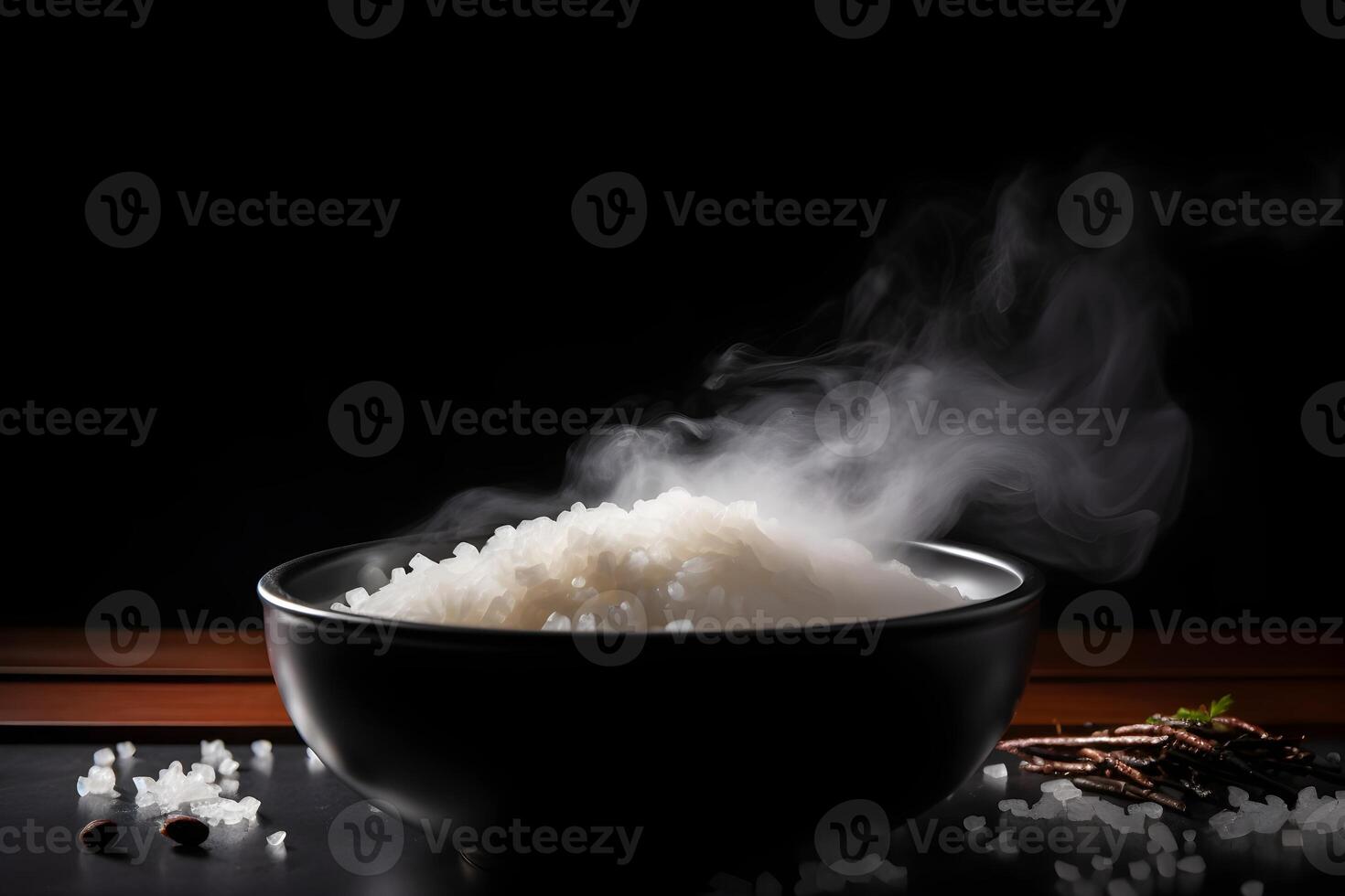 smoky hot rice in a black bowl, decorated with rice grains on the table, generated photo
