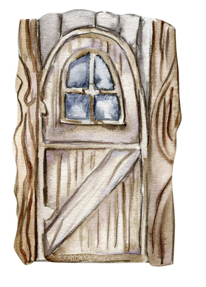 Wooden door for fairy. Hand drawn fairy tale illustration. png