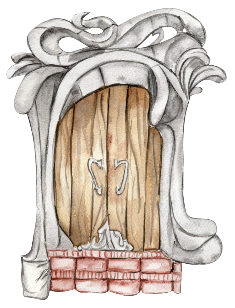 Wooden door for fairy. Hand drawn fairy tale illustration. png