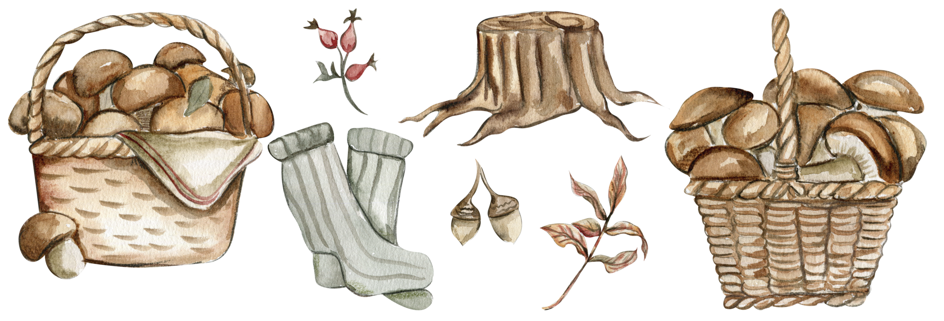 Autumn illustration of basket with mushrooms. Hand drawn illustration of autumn. png