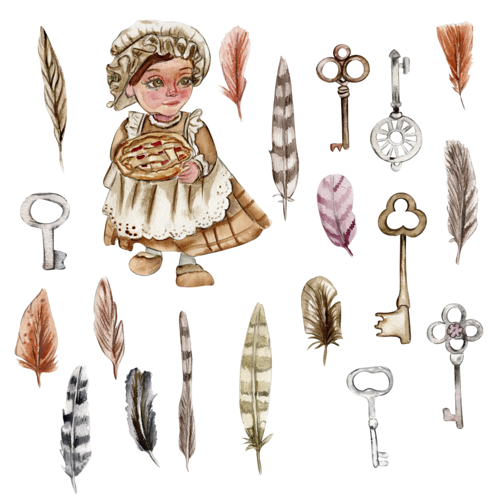 Autumn set of gnom girl and keys. png