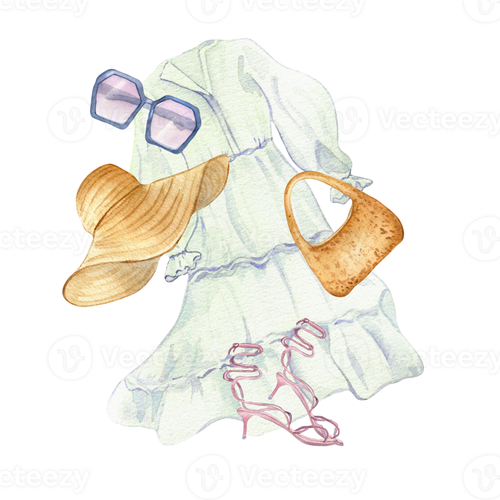 bianca vestire, cannuccia cappello, Borsa, bicchieri acquerello illustrazione. composizione di donna di estate attrezzatura mano disegnato. design per negozio, saldi, rivista, confezione, vetrina, modello, manifesto. png