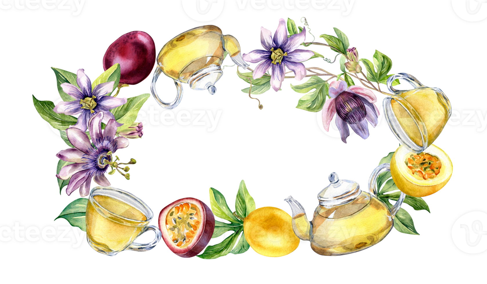 Frame of glass teapot and cup, passion flower, stem watercolor illustration. Herbal tea, health drink, maracuja, flower hand drawn. Design for wrapping, menu, packaging, wreath. png
