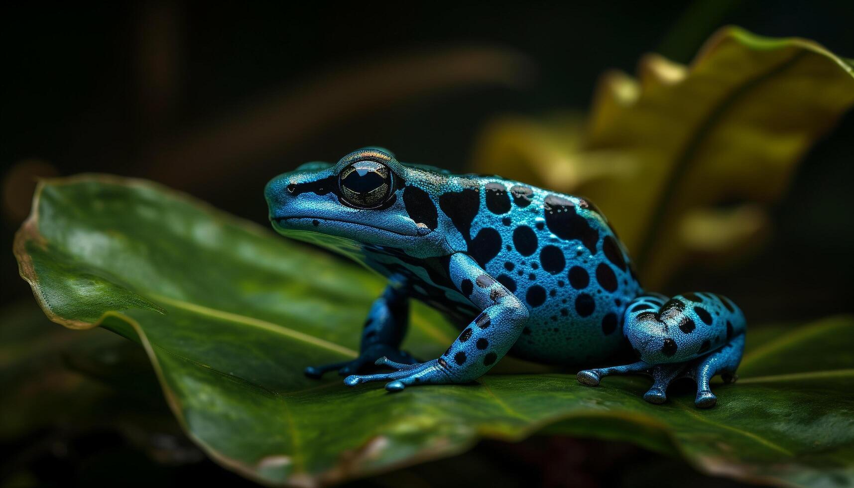 Spotted poison arrow frog sitting on leaf generated by AI photo