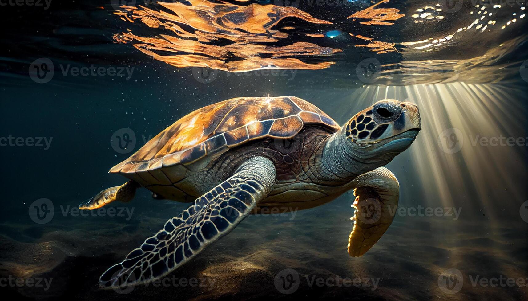 Endangered sea turtle swimming in tranquil reef generated by AI photo