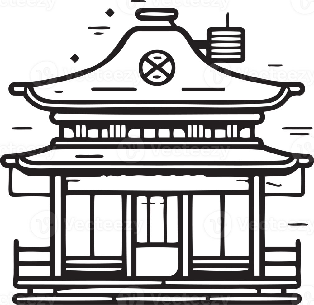 Hand Drawn vintage Chinese or Japanese restaurant in flat line art style png
