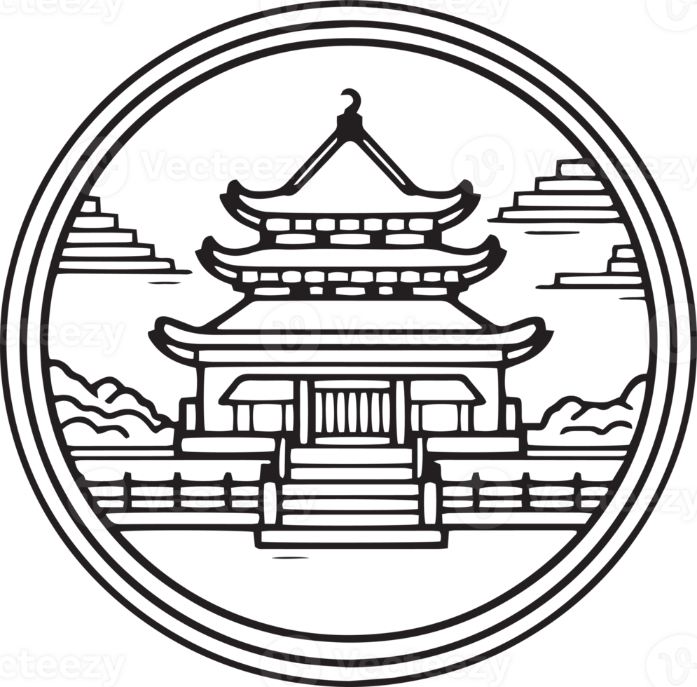 Hand Drawn vintage Chinese or Japanese restaurant in flat line art style png