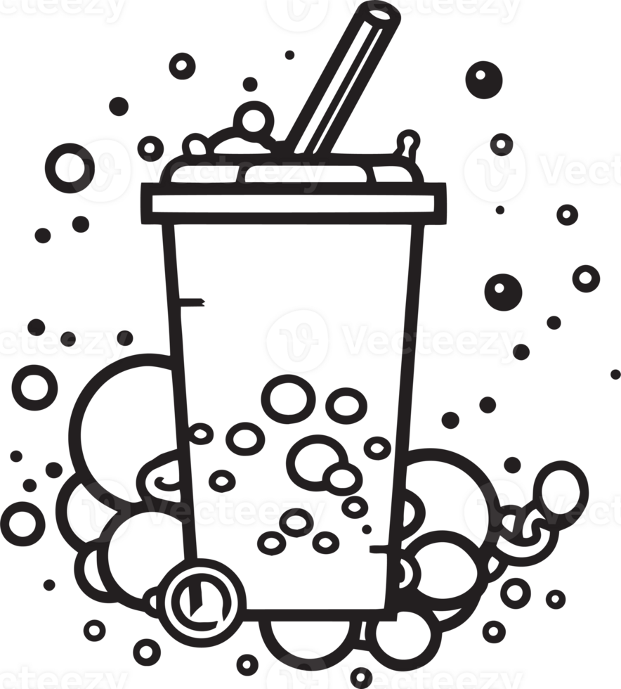 Hand Drawn vintage bubble milk tea logo in flat line art style png