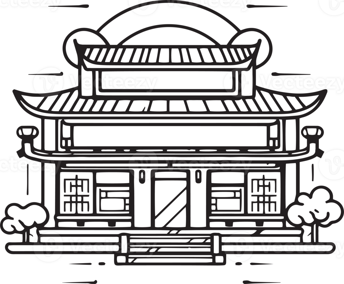 Hand Drawn Vintage Chinese Or Japanese Restaurant In Flat Line Art hand-drawn-vintage-chinese-or-japanese-restaurant-in-flat-line-art