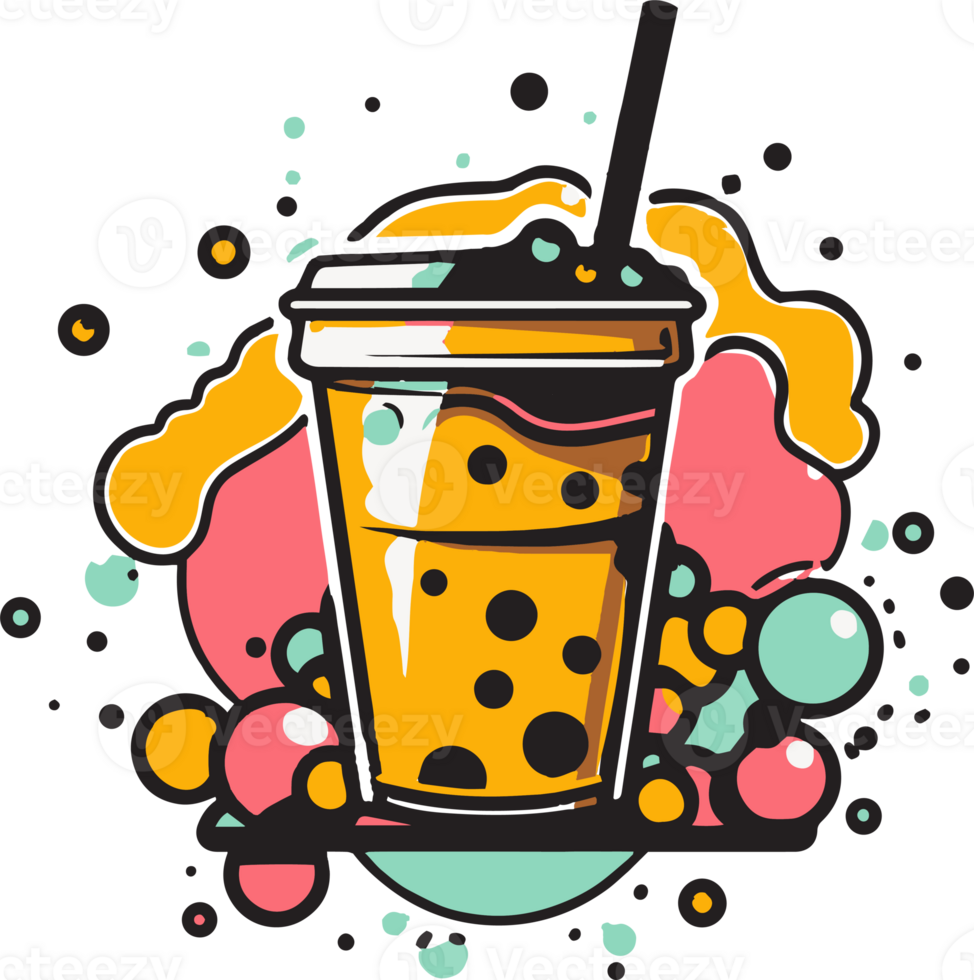 Hand Drawn vintage bubble milk tea logo in flat line art style png