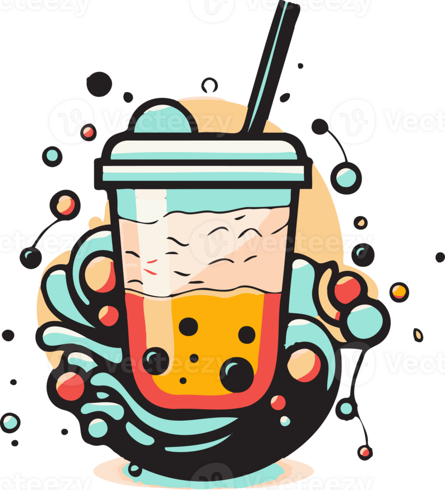 Hand Drawn vintage bubble milk tea logo in flat line art style png