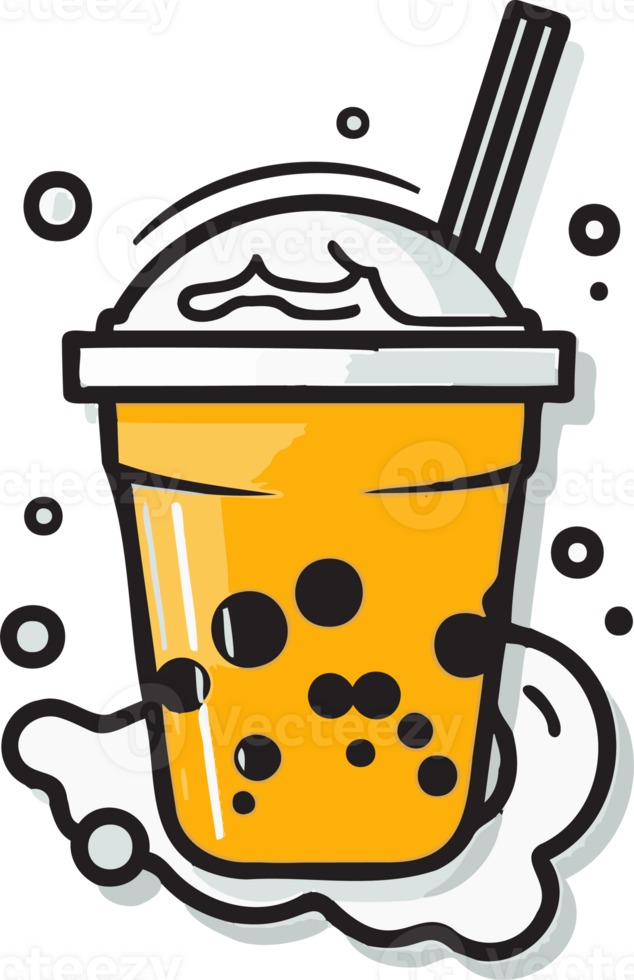 Hand Drawn vintage bubble milk tea logo in flat line art style png