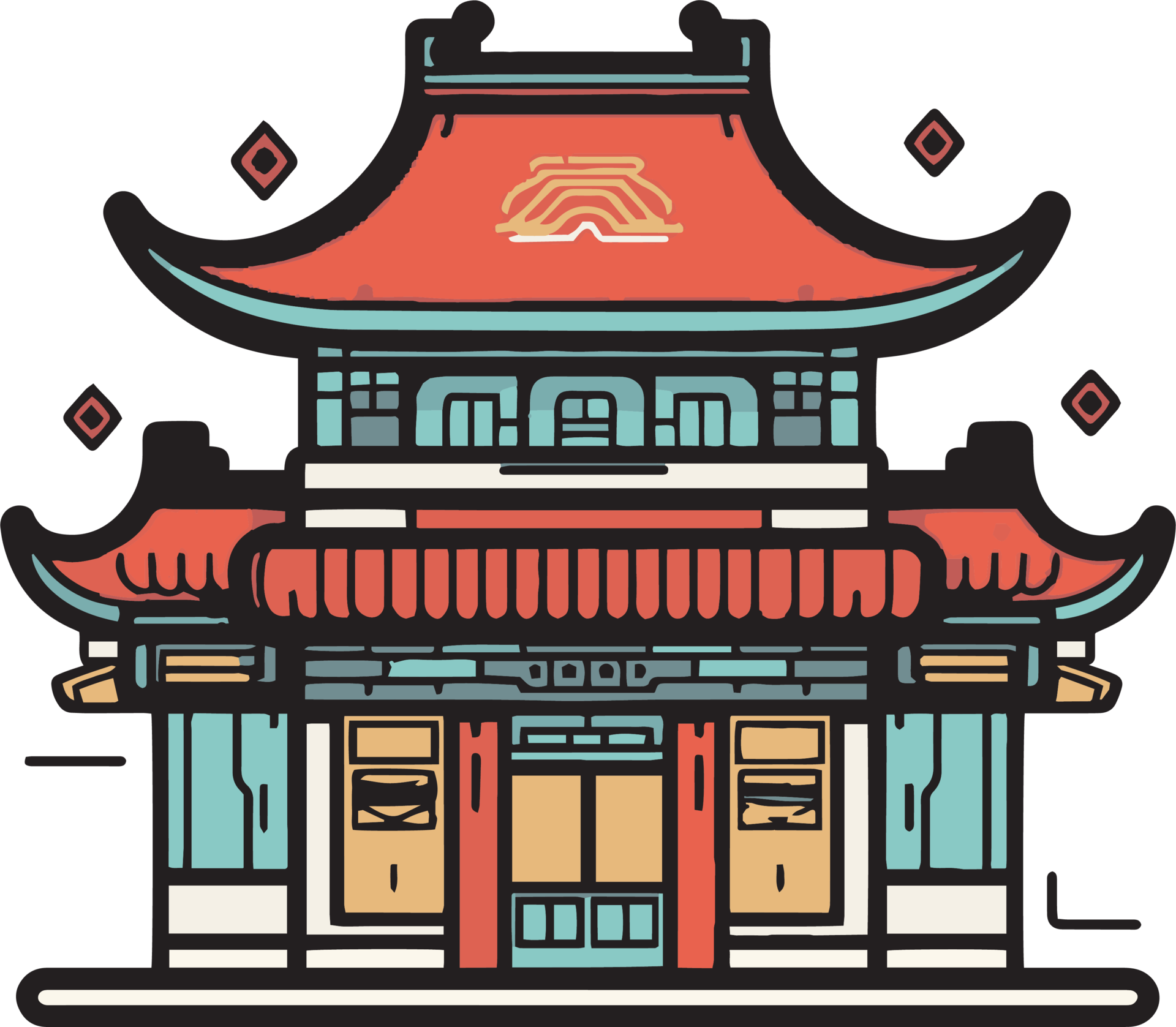 Hand Drawn Vintage Chinese Or Japanese Restaurant In Flat Line Art 