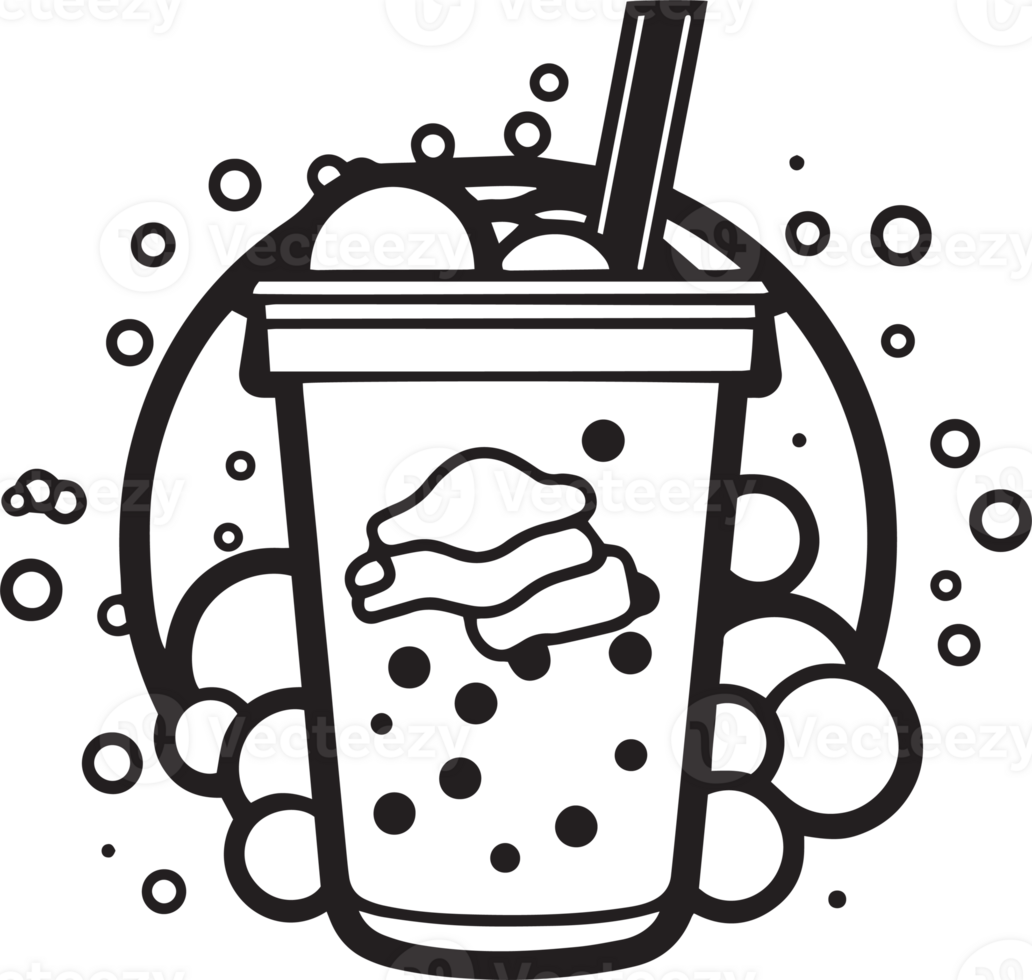 Hand Drawn vintage bubble milk tea logo in flat line art style png