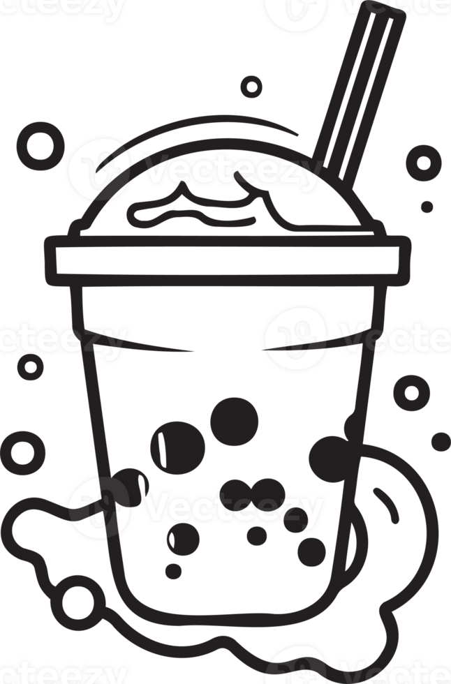 Hand Drawn vintage bubble milk tea logo in flat line art style png