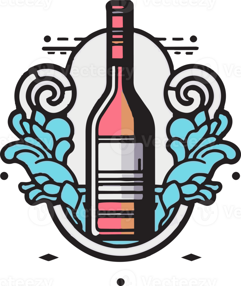 Hand Drawn vintage wine bottle logo in flat line art style png