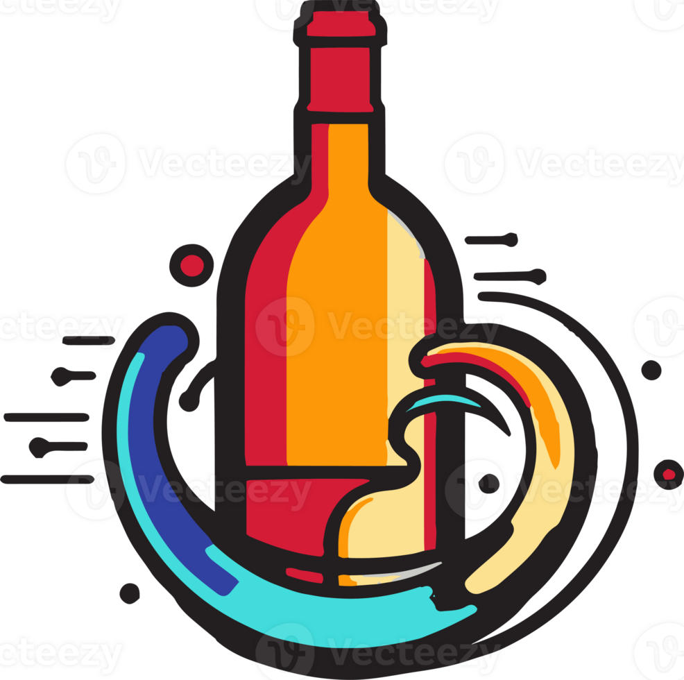 Hand Drawn vintage wine bottle logo in flat line art style png