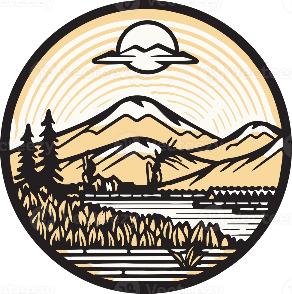 Hand Drawn vintage mountain logo in flat line art style png