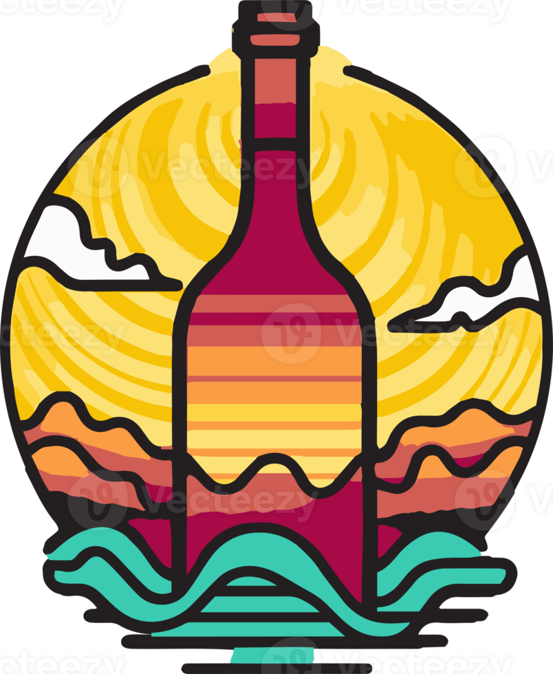 Hand Drawn vintage wine bottle logo in flat line art style png
