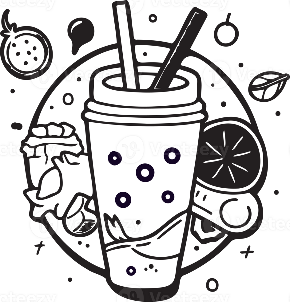Hand Drawn vintage fruit and juice logo in flat line art style png