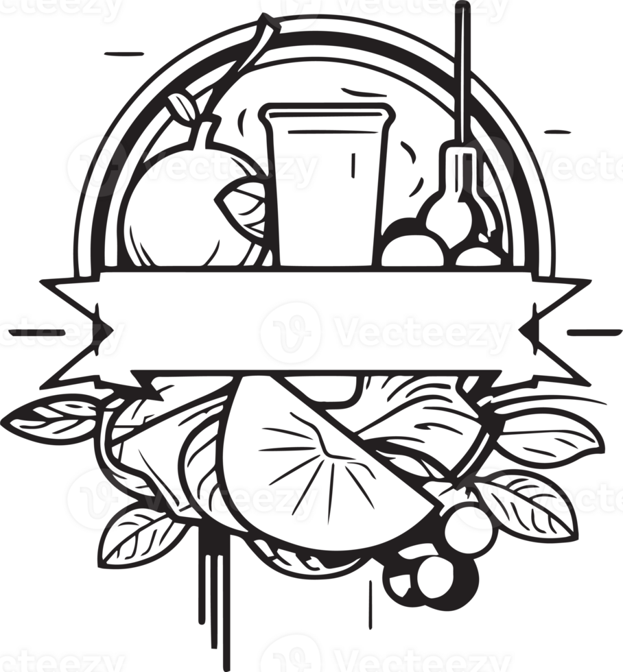 Hand Drawn vintage fruit and juice logo in flat line art style png