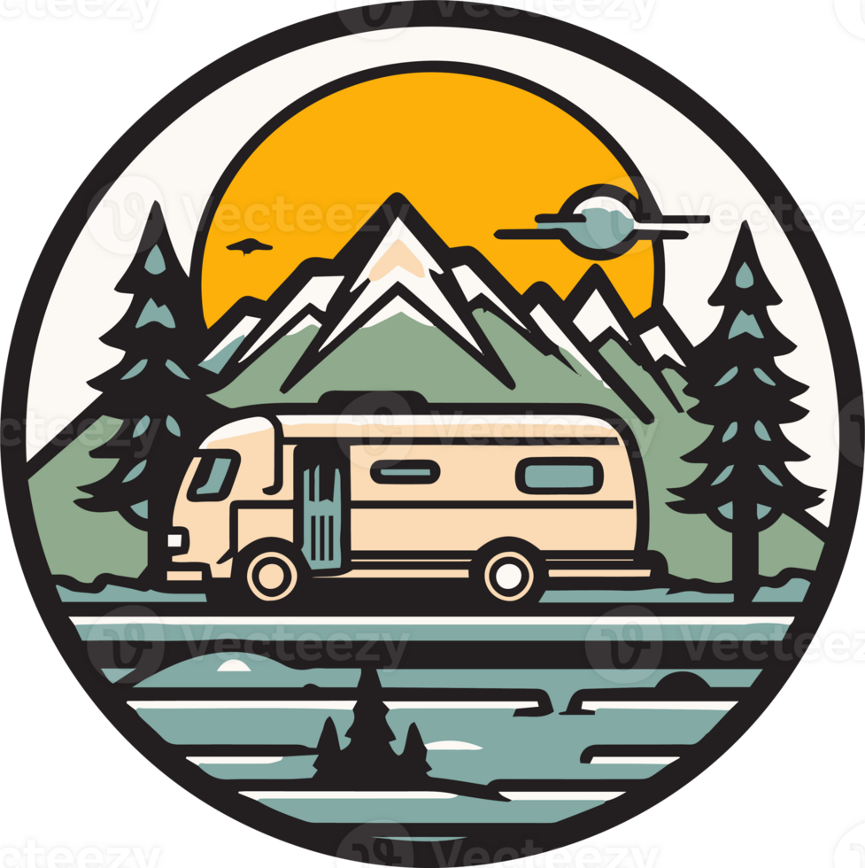 main tiré ancien camping van logo dans plat ligne art style png