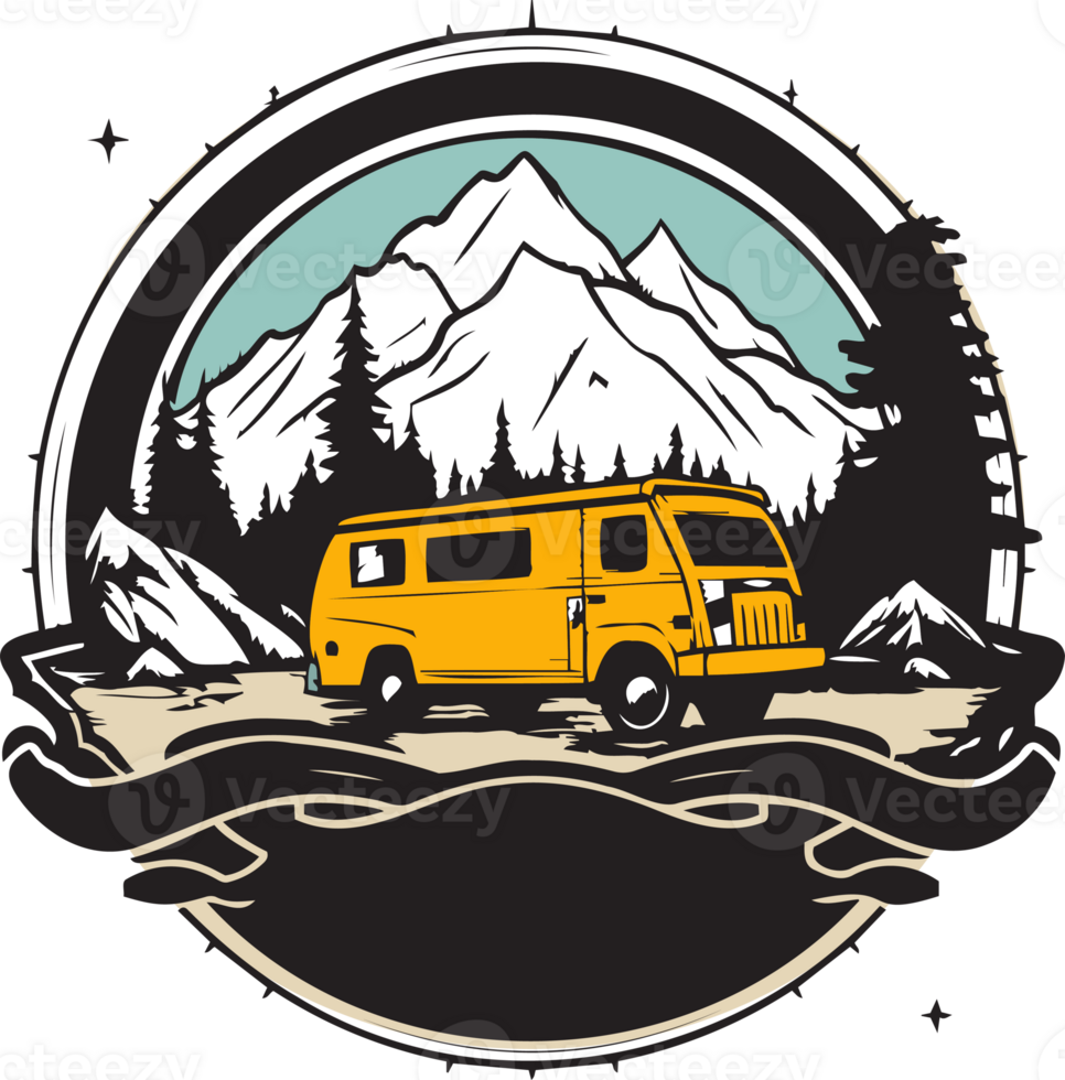 main tiré ancien camping van logo dans plat ligne art style png