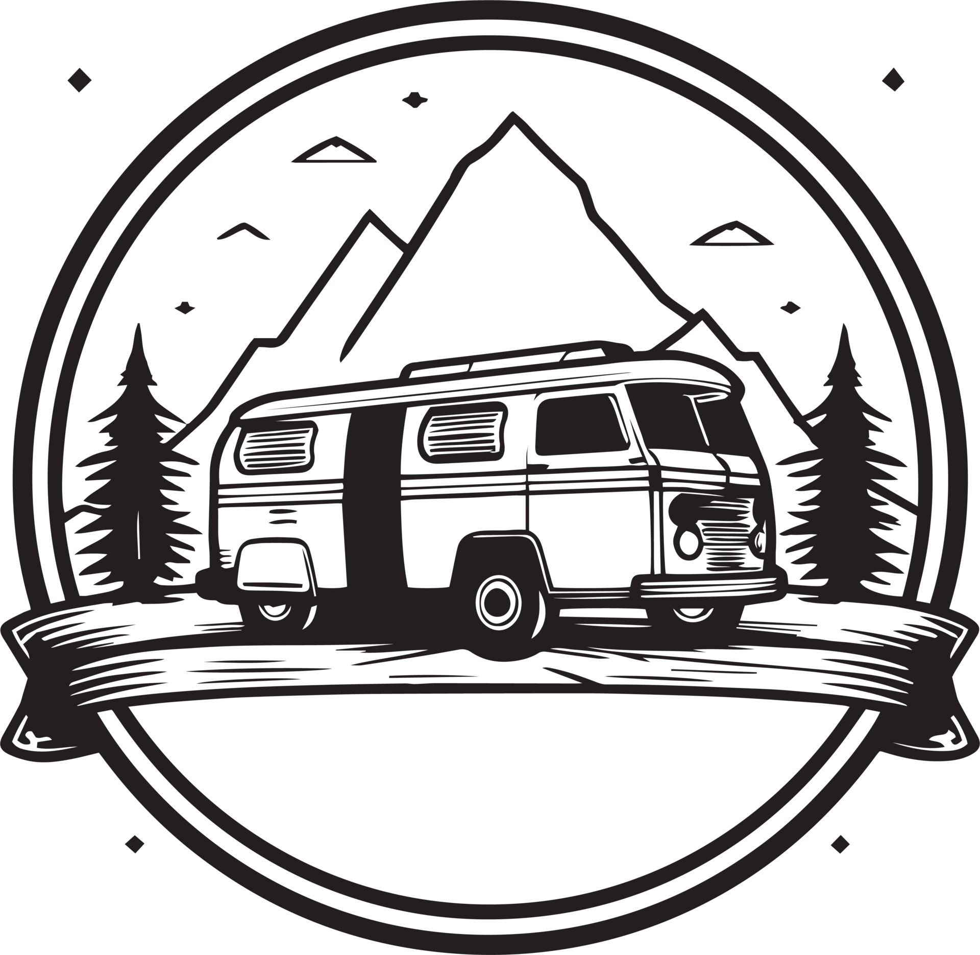 Hand Drawn vintage camping van logo in flat line art style 24787138 PNG