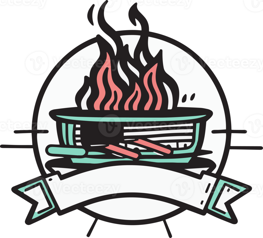 Hand Drawn vintage fire with barbecue logo in flat line art style png