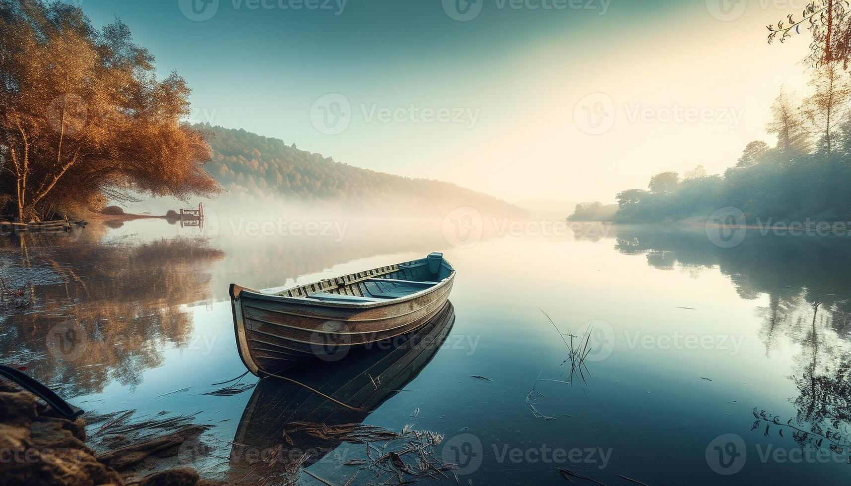 Rowboat glides in silence on tranquil sunset pond generated by AI photo
