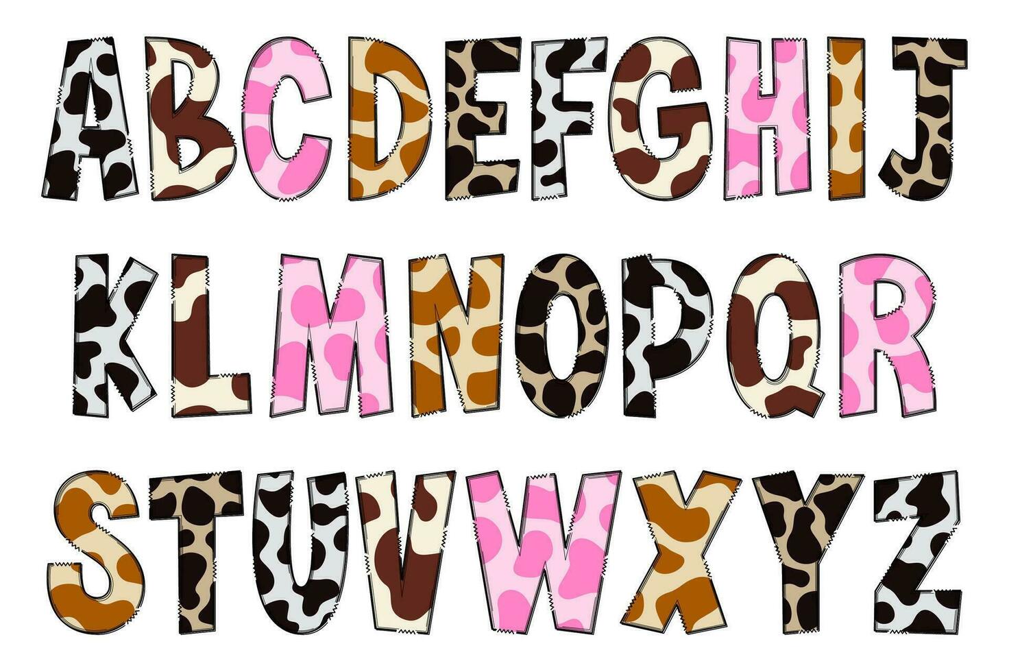 Handcrafted Cow Texture Letters. Color Creative Art Typographic Design vector